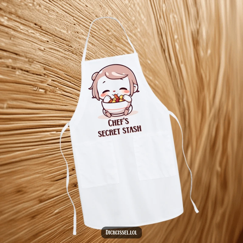 Funny character stuffing its cheeks with snacks from a bowl, on a functional apron, bringing snack-time fun to cooking.