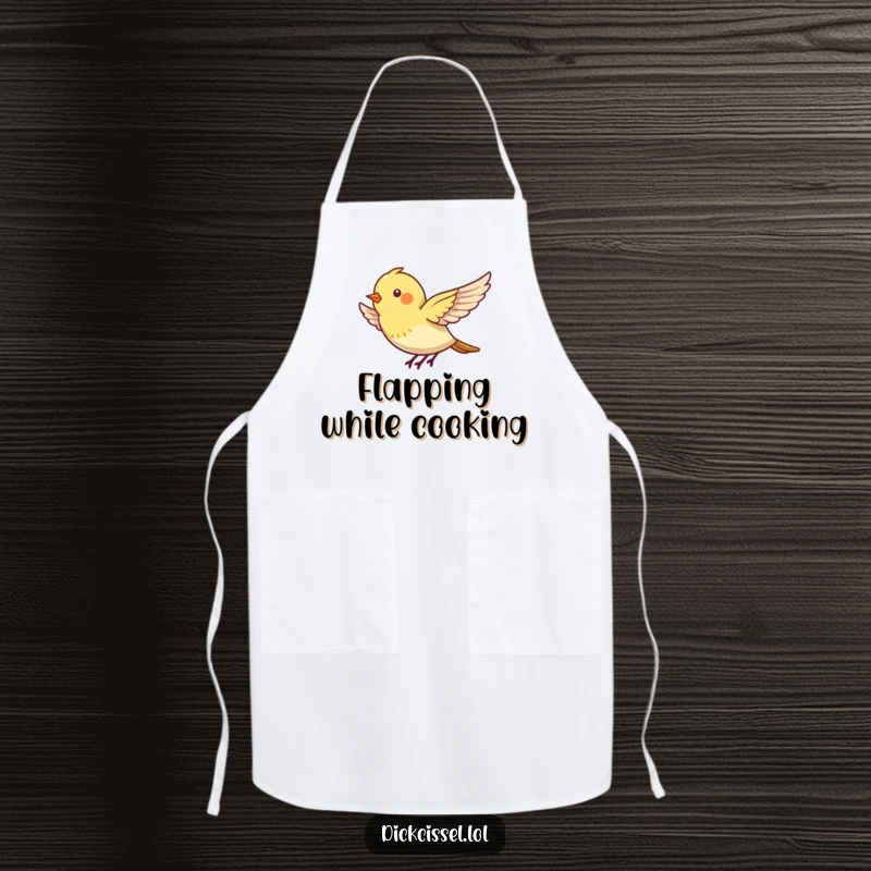 Funny apron with a tiny bird energetically flapping its wings, appearing to hover with cheerful motion.