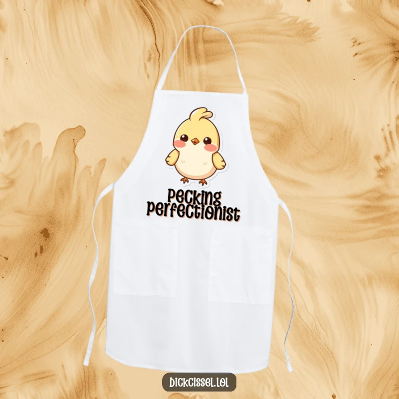 Funny apron showcasing a small, happy bird character with a signature bobbing feather tuft, ready to assist in the kitchen.