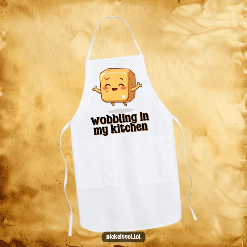 Funny Apron decorated with a cheerful caramel cube doing a wobbly dance, perfect for adding sweetness and fun to culinary tasks.