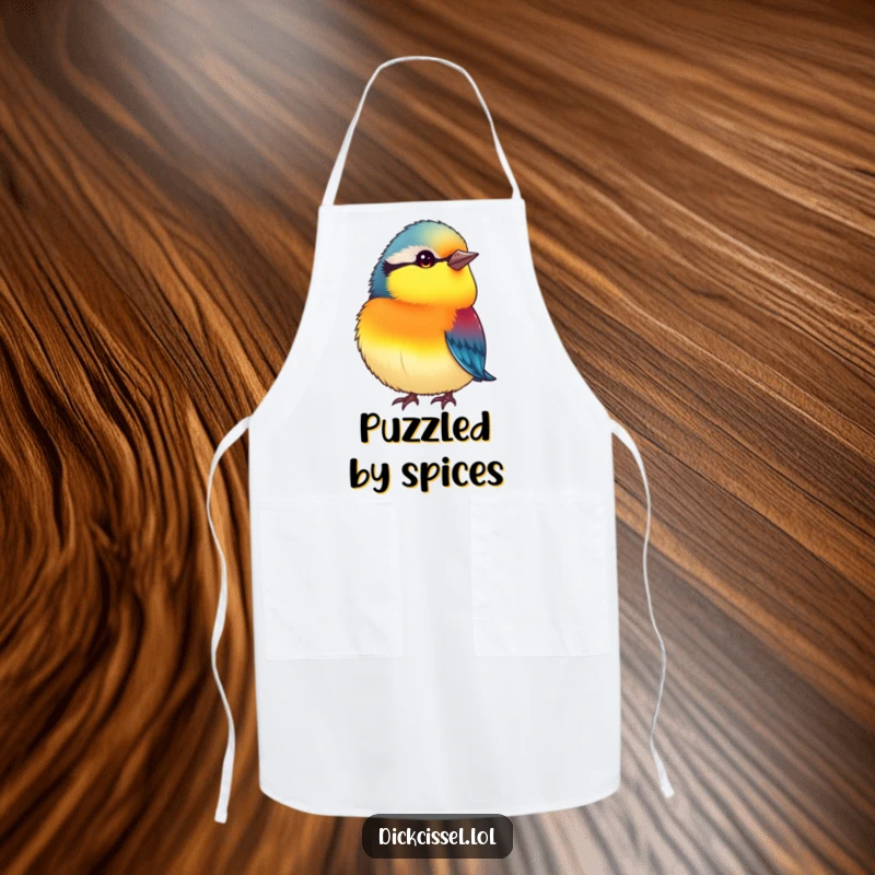 Funny apron showing a small, plump, vibrantly colored bird tilting its head inquisitively, perfect for cooks who appreciate humor.