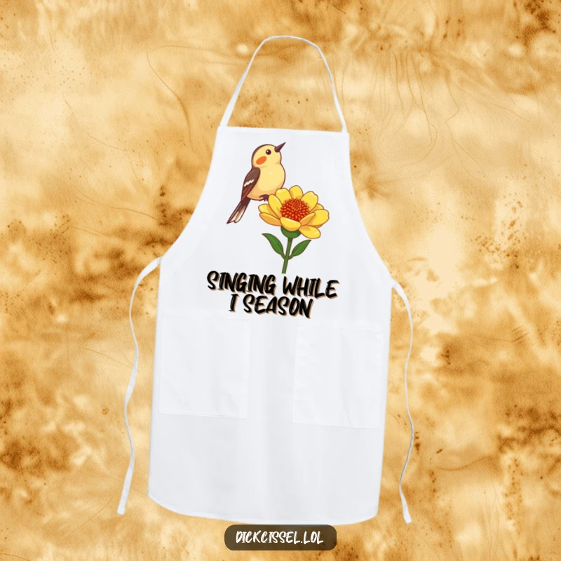 Funny Dickcissel Bird Apron: A cheerful dickcissel bird chirping from a flower stalk, adding humor to meal prep.