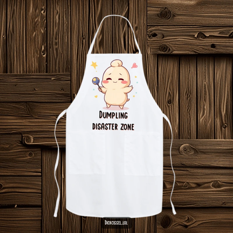Funny winking dumpling character comically failing at juggling on a cooking apron, adding humor to the kitchen.