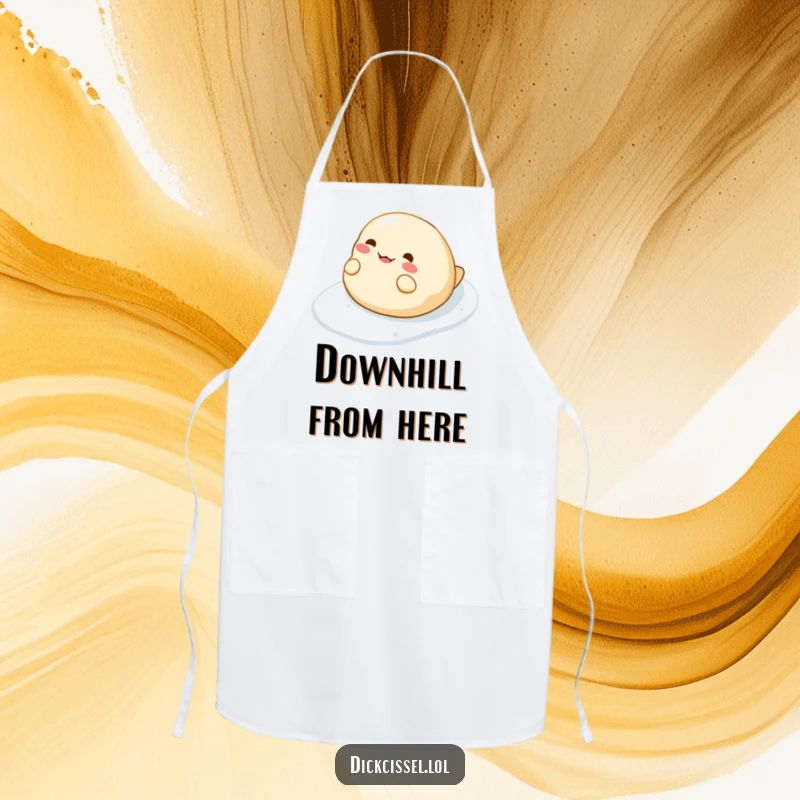 Funny apron featuring a cheerful dumpling character making a slippery slide, perfect for a fun cooking experience.
