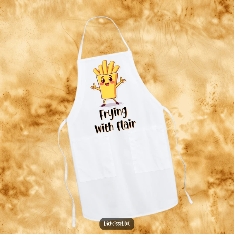 Funny Apron showcasing a cheerful french fry character in a dynamic pose, perfect for adding playful humor to cooking and grilling.