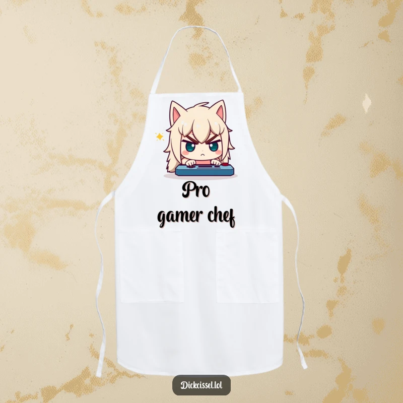Funny cooking apron showing a character with a comically determined expression, intently focused on gaming.