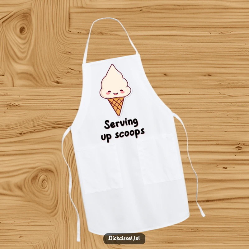 Funny ice cream cone apron, smiling and offering a cone, for sweet kitchen adventures.