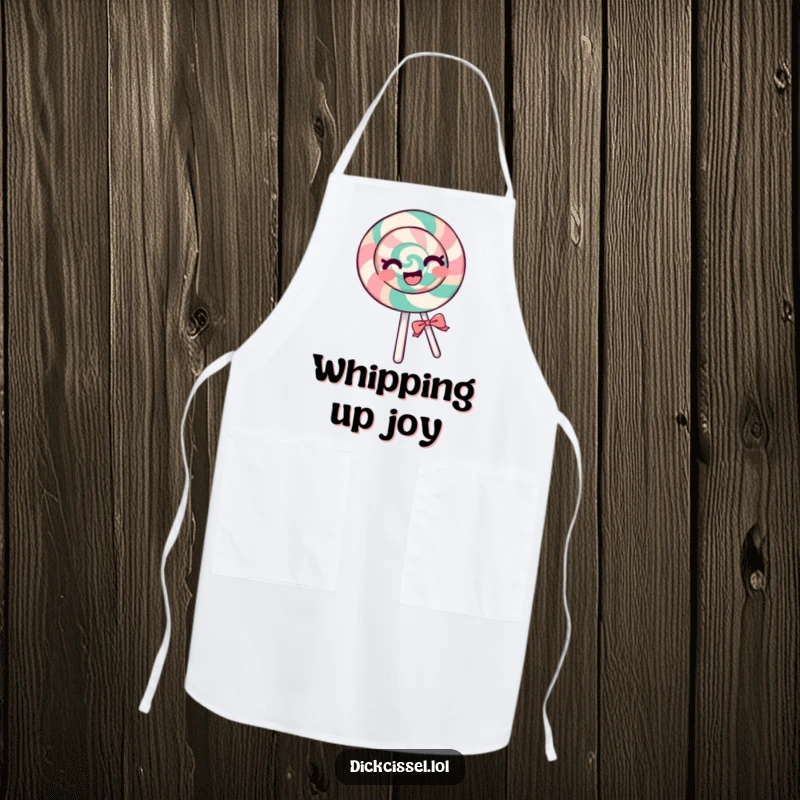 Funny lollipop apron showing a cheerful lollipop spinning rapidly with pure glee, ideal for adding joyful spirit to kitchen activities.