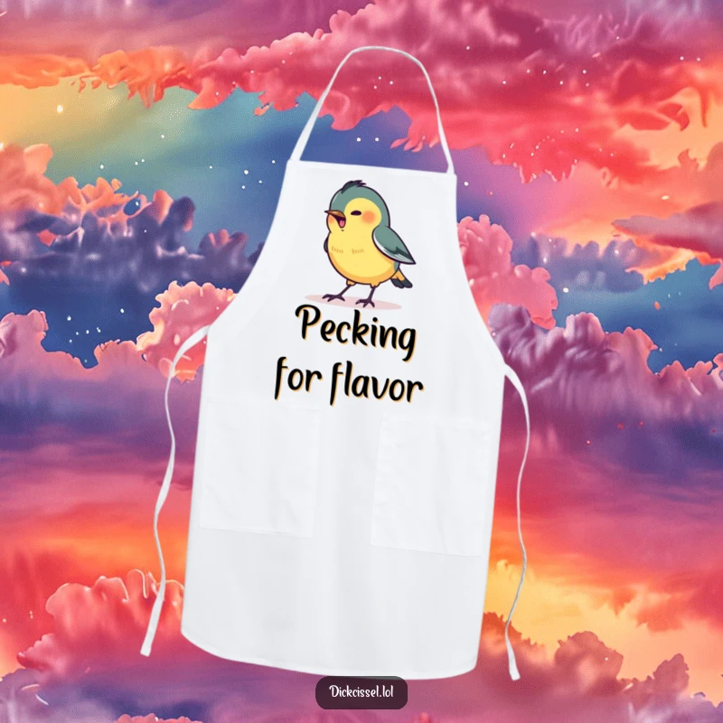 Funny apron showcasing a stylized dickcissel bird excitedly pecking at a tiny, glowing dot.