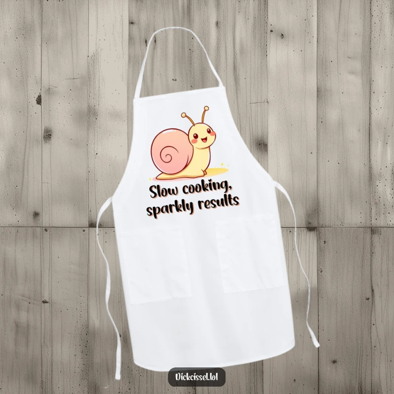 Funny kitchen apron with a cheerful snail character leaving a bright, sparkly trail, perfect for adding humor to cooking.