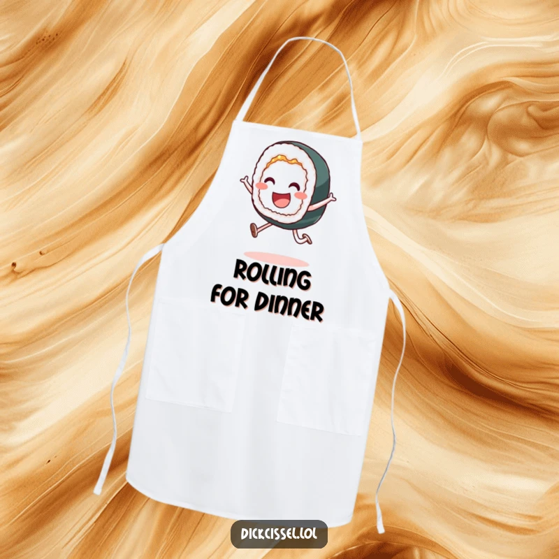 Funny apron with a smiling sushi roll performing a playful leap, ideal for kitchen fun and style.