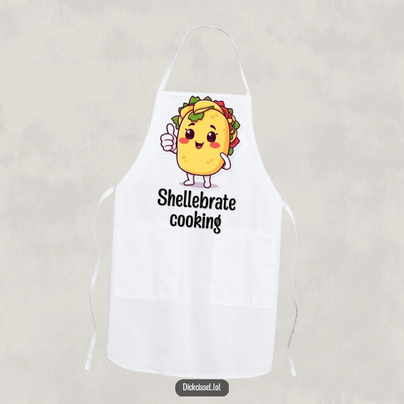 Funny apron showing a happy taco character giving a surprised thumbs up, ideal for kitchen fun and protection.