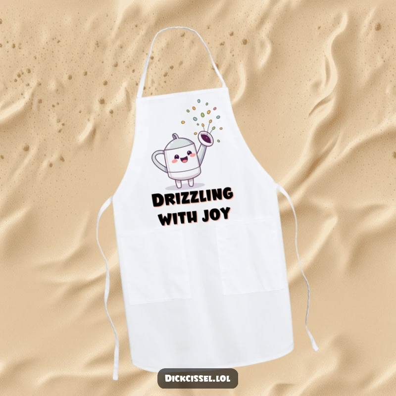 Funny watering can character happily spraying a vibrant rainbow, designed to protect and delight while cooking or gardening.