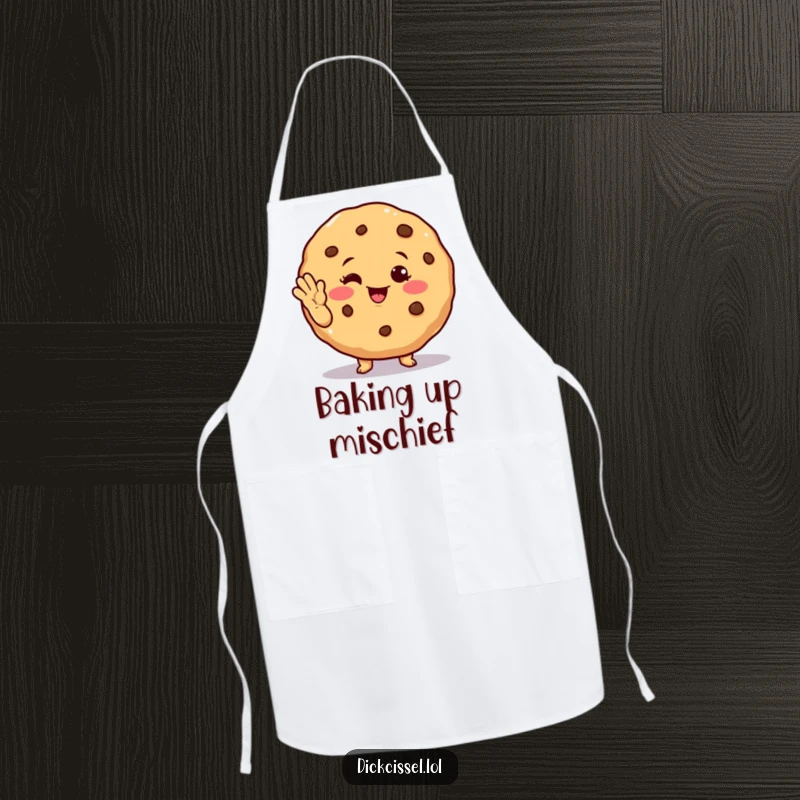 Funny winking cookie apron showing a cheerful cookie character winking and waving, perfect for a friendly cook.