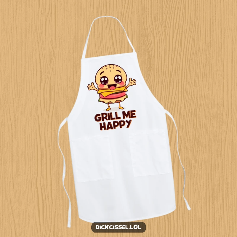 Funny happy burger character apron, with googly eyes and flailing arms, for kitchen fun.