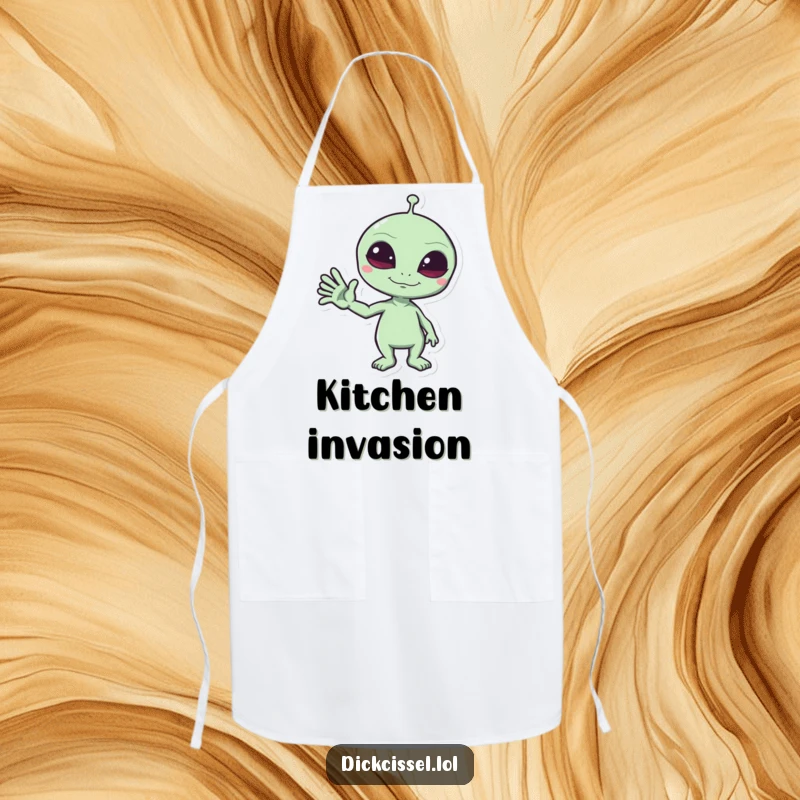 Funny Apron showcasing a mischievous alien giving a funny wave, a humorous and charming kitchen accessory with a cosmic twist.