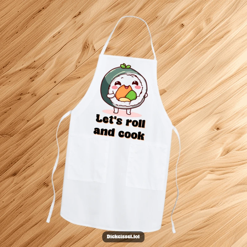 Funny sushi roll apron, happy character offering a delicious bite, ideal for kitchen adventures. A humorous and practical cooking accessory.