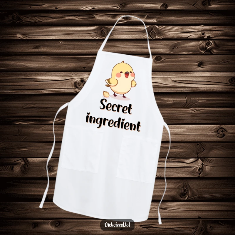 Funny apron showing a small bird intently pecking an imaginary seed, ready for kitchen fun. Cooking accessory.