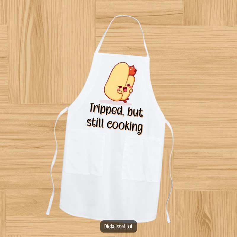 Funny hot dog character comically tripping over its bun on a cooking apron, adding humor to the kitchen.