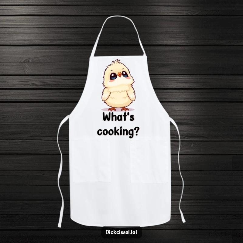 Funny apron with a fluffy bird looking upwards in wonder, ready for kitchen exploration. Cooking accessory.