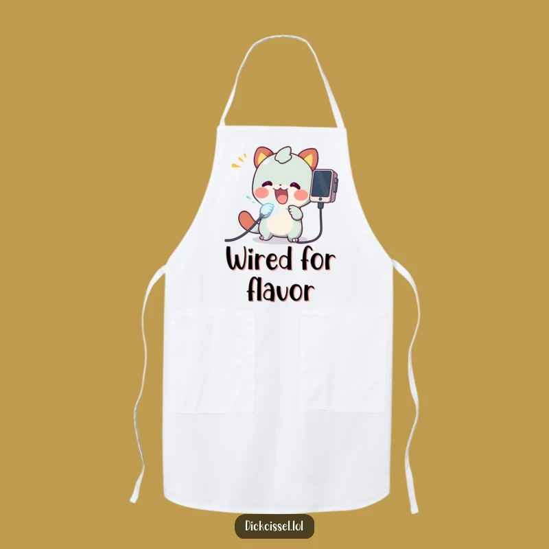 Funny Tech Kitchen Apron: Creature Plugging Glowing Cable - Chef's Gamer Gear!