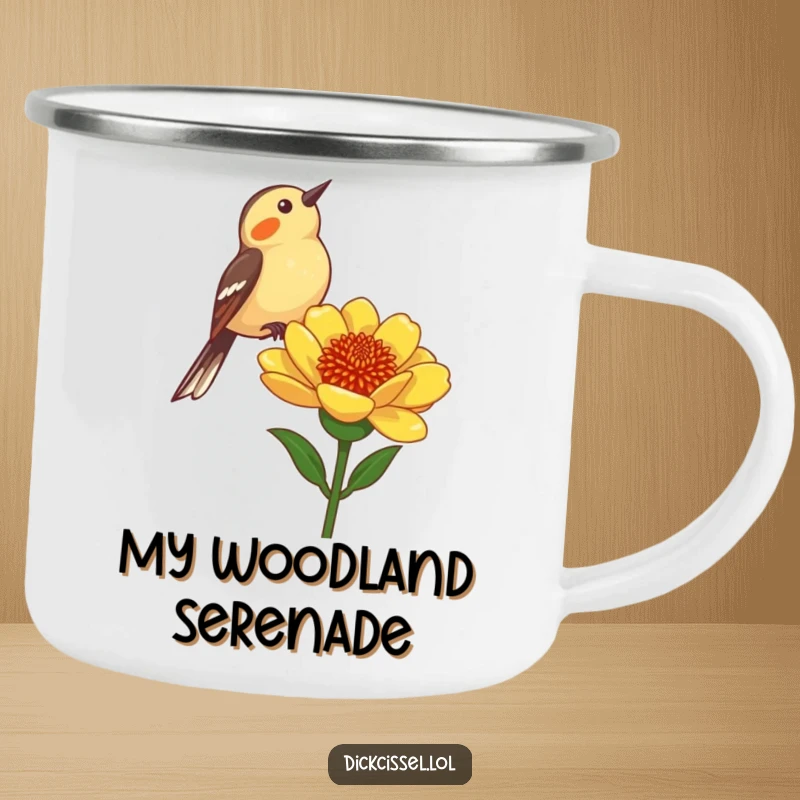 Funny Dickcissel Bird Camping Mug: A hardy dickcissel bird chirping from a flower stalk, ready for outdoor adventures.