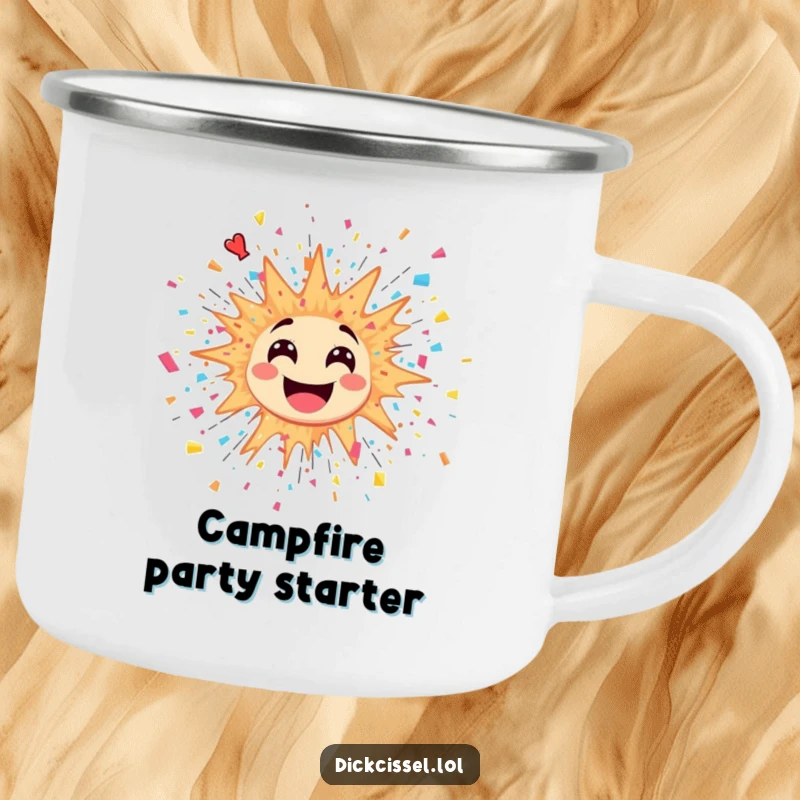 Funny camping mug featuring a sticker of a vibrant explosion with confetti and streamers bursting, perfect for adventurers.