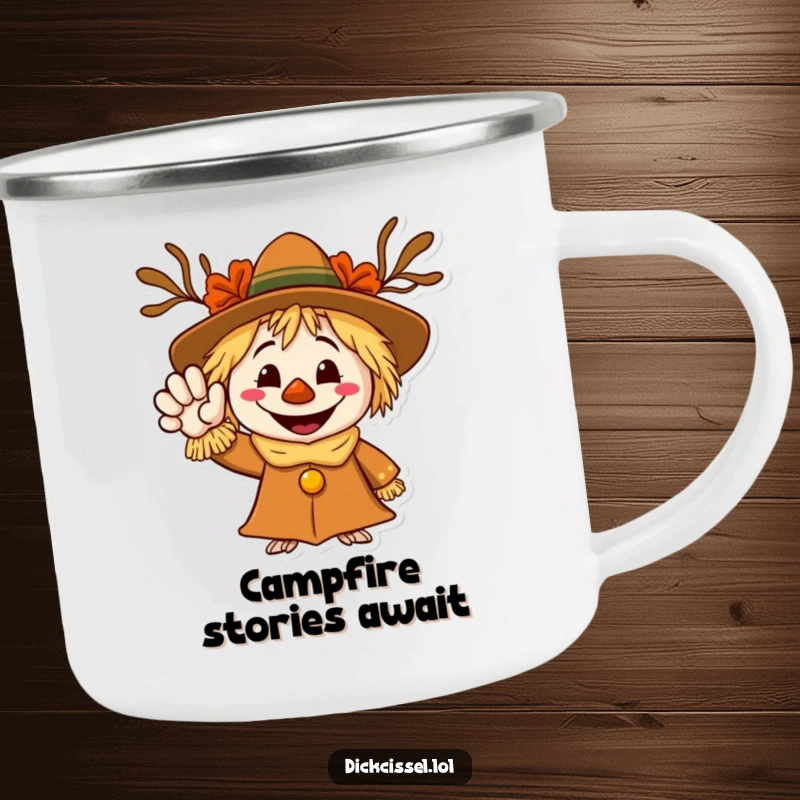 Funny camping mug depicting a grinning scarecrow character waving a welcoming hand, perfect for outdoor autumn enjoyment.
