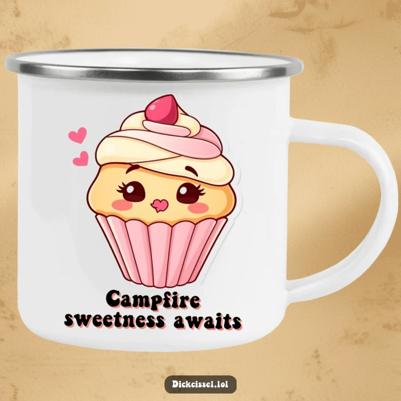 Funny Camping Mug featuring a cute cupcake character blowing a kiss of frosting, durable for outdoor adventures with a sweet vibe.