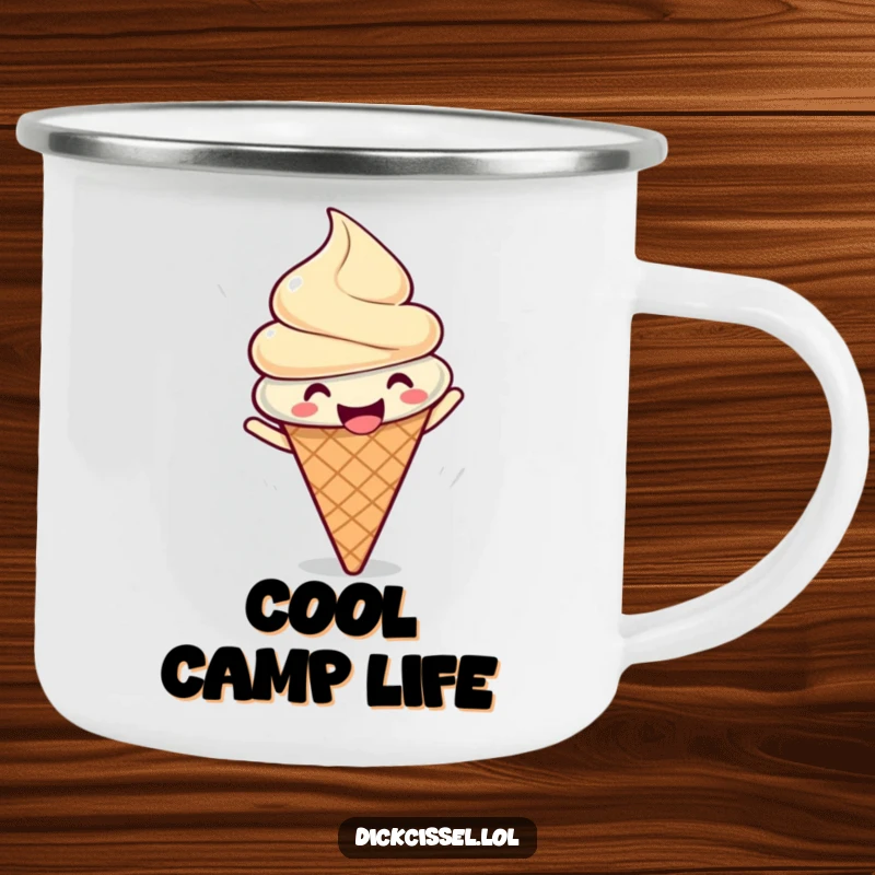 Funny camping mug with a gleeful ice cream cone doing a happy spin, perfect for outdoor enjoyment.