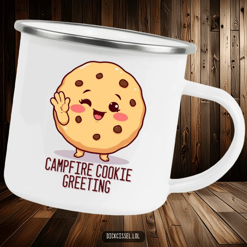 Funny winking cookie camping mug showing a cheerful cookie character winking and waving, durable and ready for adventure.