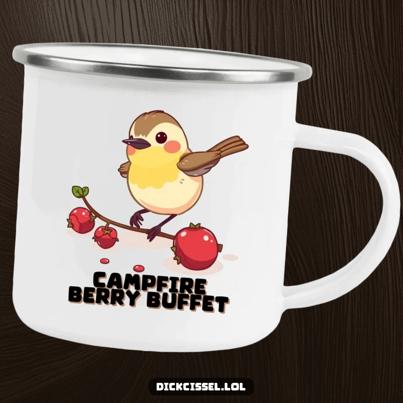 Funny Dickcissel Bird Camping Mug: An energetic dickcissel bird pecking a berry, your perfect companion for outdoor fuel.