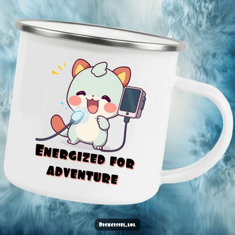 Funny camping mug showing a creature plugging a glowing cable into a device, perfect for outdoor tech enthusiasts.