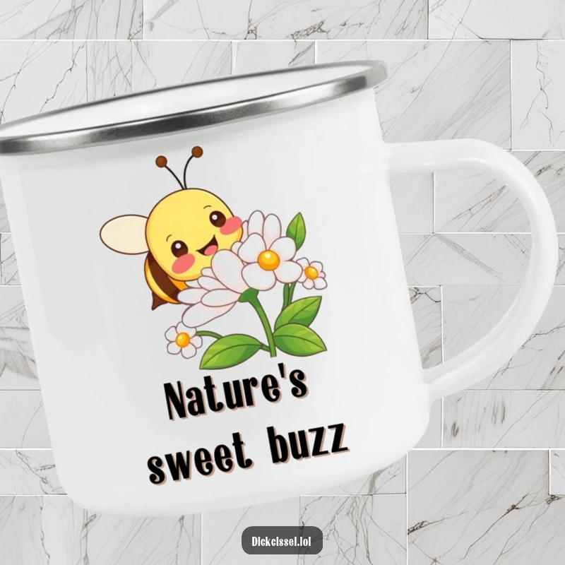 Funny camping mug depicting a joyful bee character buzzing around a flower, designed for outdoor enjoyment.