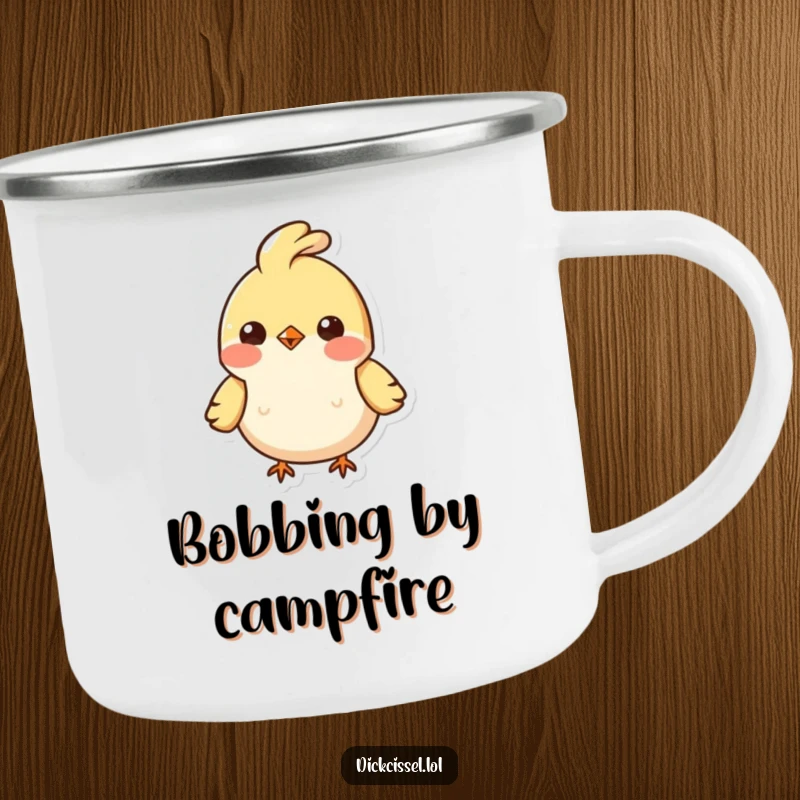 Funny enamel camping mug featuring a small, cheerful bird with a unique bobbing feather tuft, ready for campfire stories.