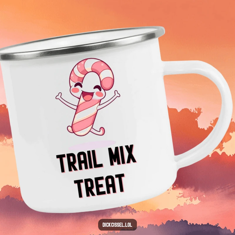 Funny candy cane camping mug featuring a smiling candy cane mid-celebration jump, perfect for adding festive cheer to outdoor drinks.