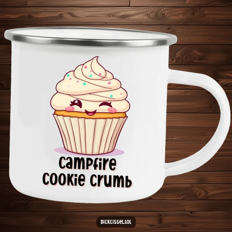 Funny cupcake camping mug featuring a frosted cupcake character winking playfully, perfect for adding sweet charm to outdoor drinks.