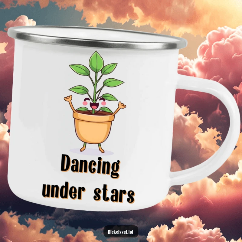 Funny potted plant character doing a joyful dance, a durable and humorous companion for enjoying drinks outdoors.