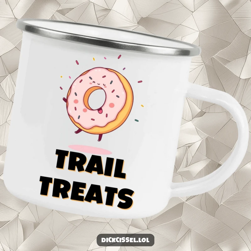 Funny Camping Mug with a sweet donut joyfully doing a cartwheel, surrounded by flying sprinkles, for outdoor fun.