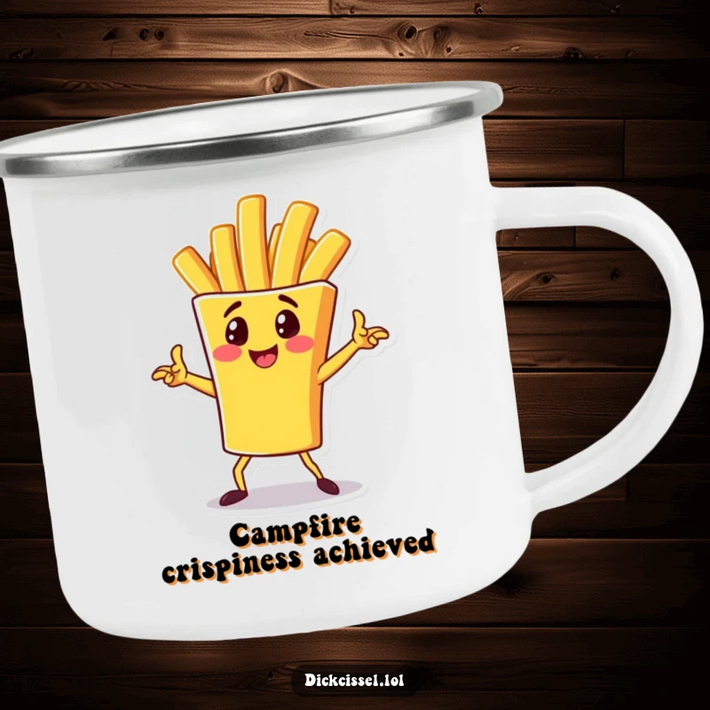 Funny Camping Mug featuring a cheerful french fry character in a dynamic pose, durable for outdoor use and spreading playful vibes.