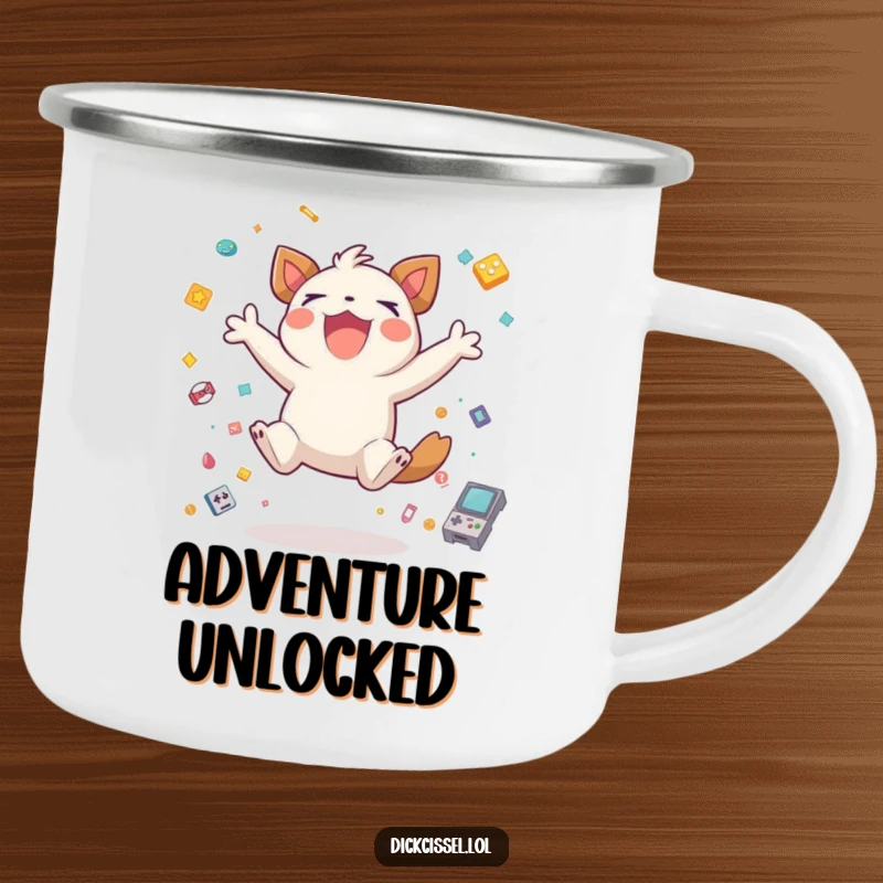 Funny creature jumping excitedly for joy, surrounded by game icons on a sturdy camping mug, ideal for celebrating gaming wins.