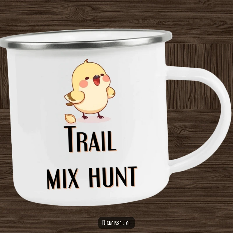 Funny camping mug featuring a small bird determinedly pecking at an imaginary seed. Rugged and amusing design.