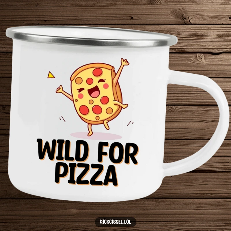 Funny pizza cartwheel camping mug, a slice doing a celebratory spin, ideal for outdoor coffee. A durable and humorous drinkware.