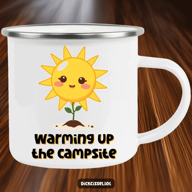Funny sun character beaming warmth upon a tiny seedling, a cheerful and durable camp companion.