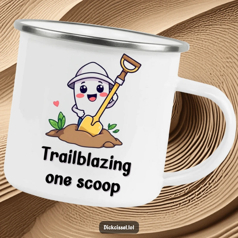 Funny trowel character digging a hole, a durable and humorous mug for enjoying drinks on the go.