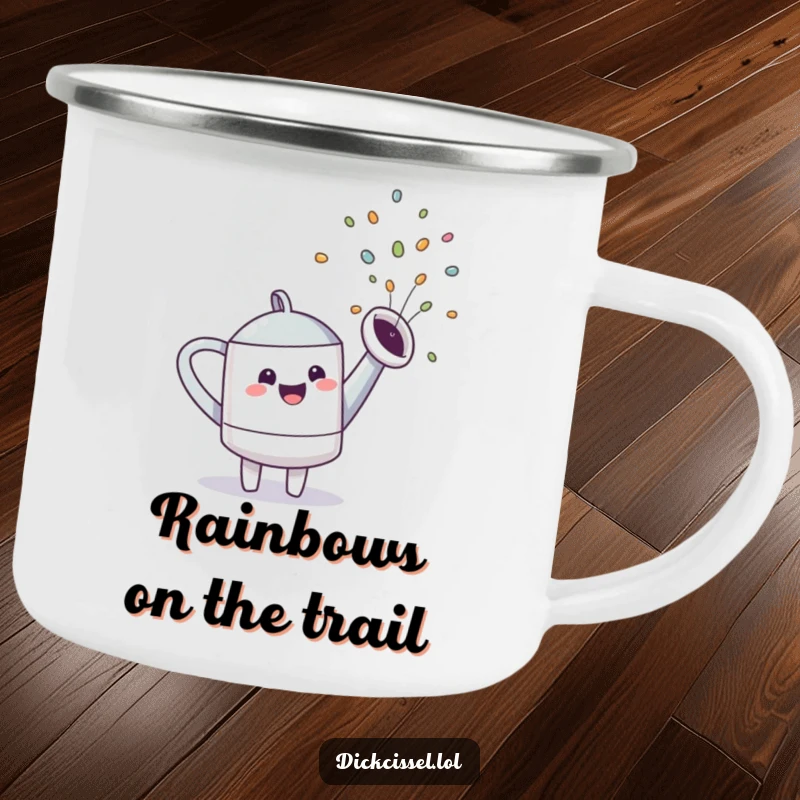 Funny watering can character spraying a vibrant rainbow, a durable and cheerful companion for outdoor adventures.