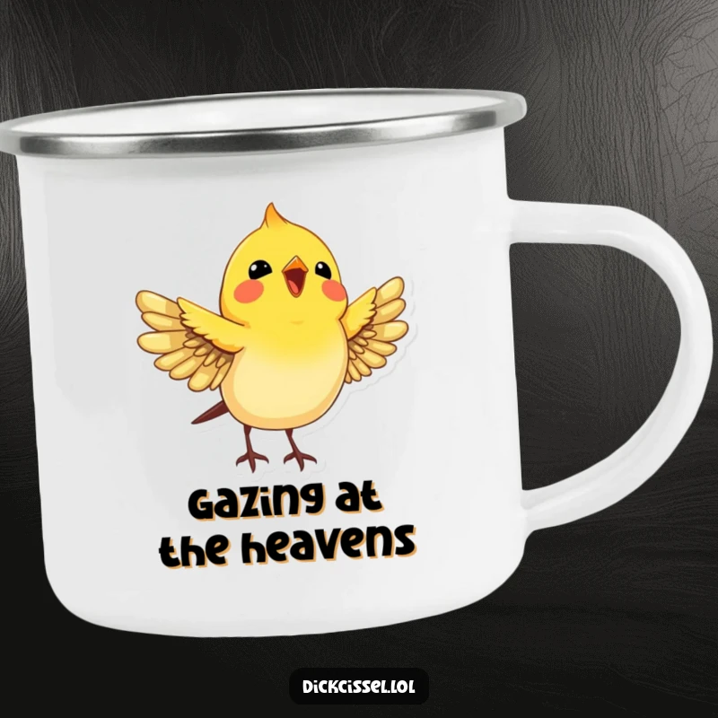 Funny Dickcissel Bird Camping Mug: A joyful dickcissel bird with spread wings looking up, perfect for campfire mornings.