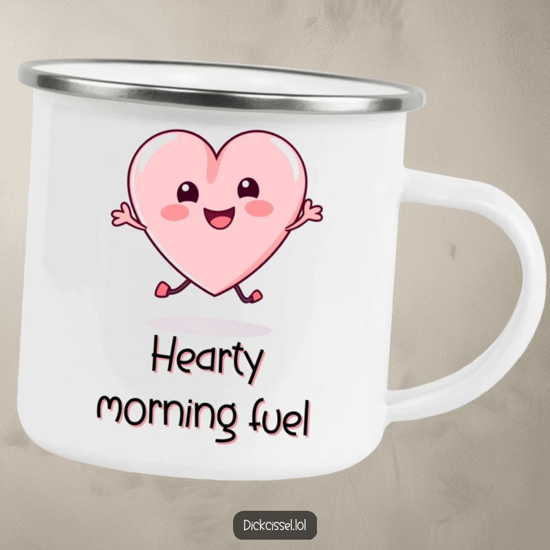 Funny Camping Mug with a lively candy heart in a joyful bounce, designed for adventure and spreading happiness outdoors.