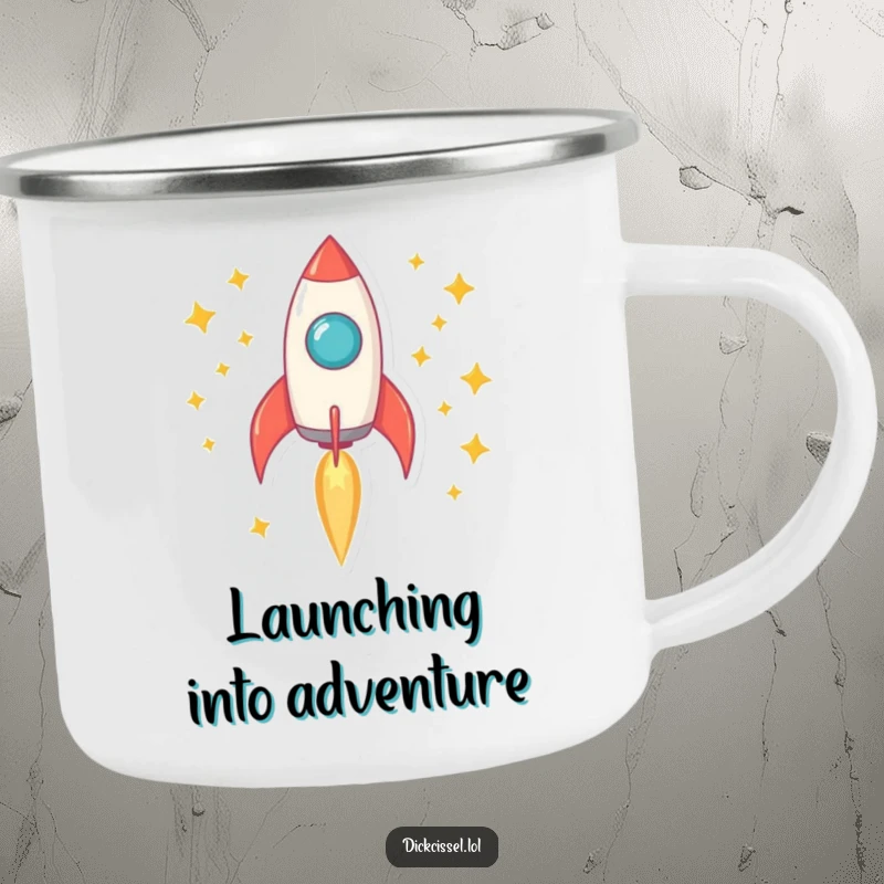 Funny rocket camping mug showing a rocket blasting off with stars, perfect for adventurous mornings.