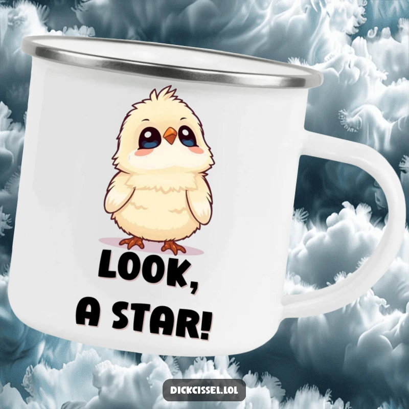 Funny camping mug featuring a fluffy bird looking upwards with wide, wondering eyes. Sturdy and amusing.
